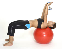 The ending position of the dumbbell pullover exercise